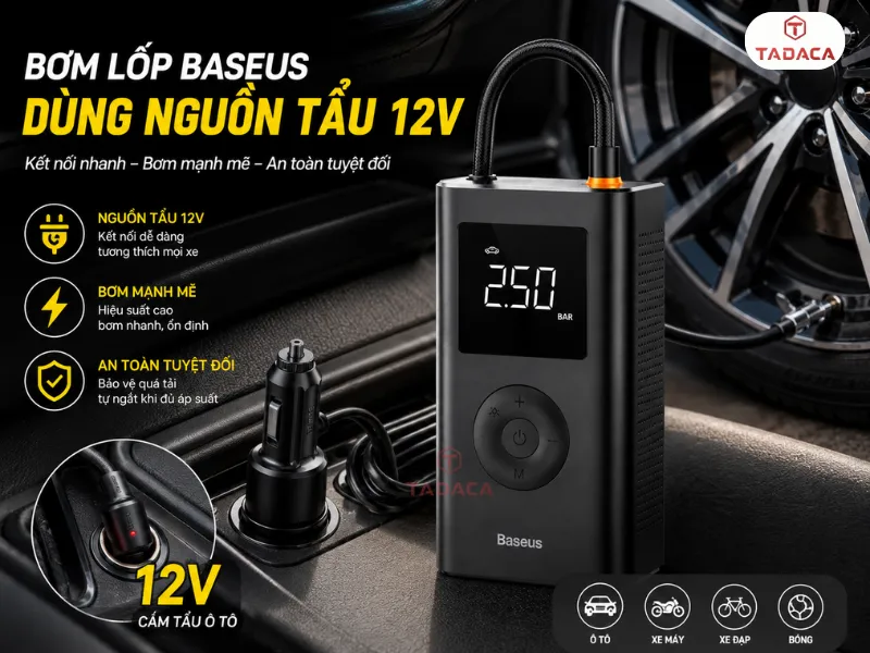 Bơm Lốp Baseus Dùng Nguồn Tẩu 12V