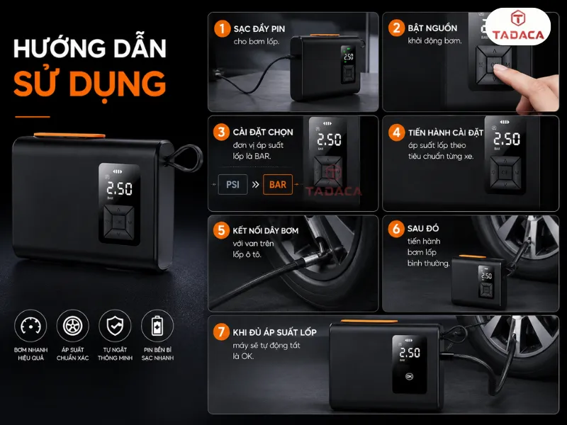 Hướng dẫn sử dụng bơm lốp Baseus cao cấp không dây