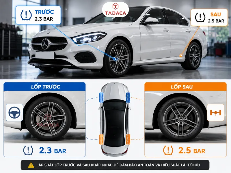 sự khác nhau giữa áp suất lốp trước và lốp sau xe mercedes