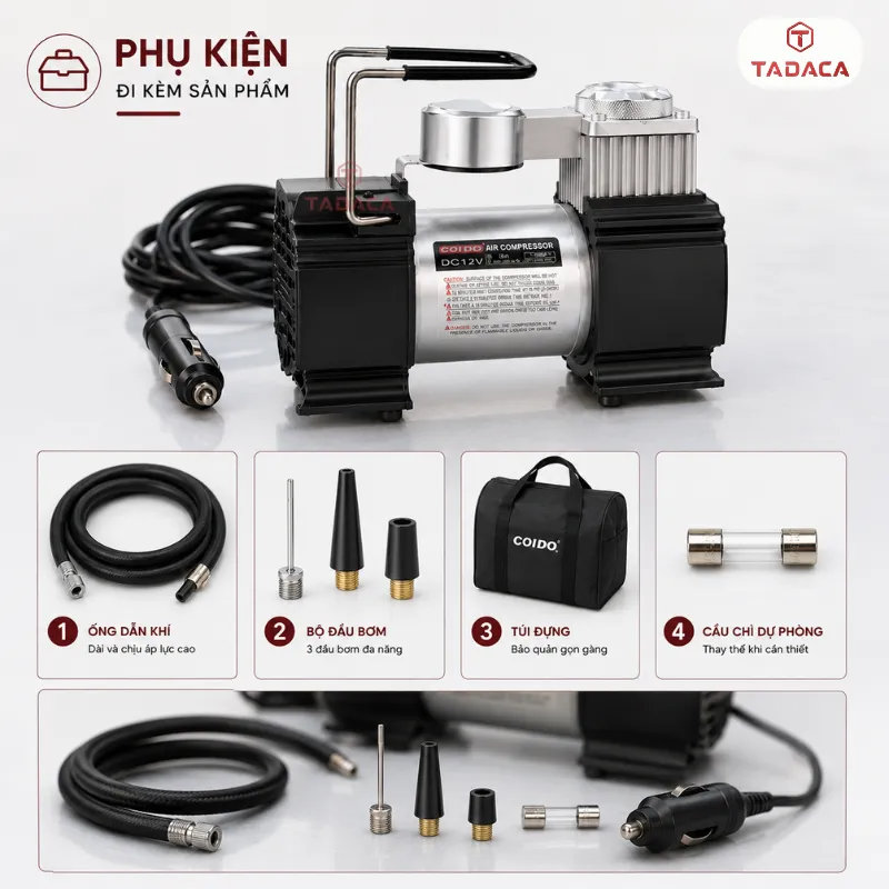 phụ kiện đi kèm bơm lốp ô tô Coido 6220