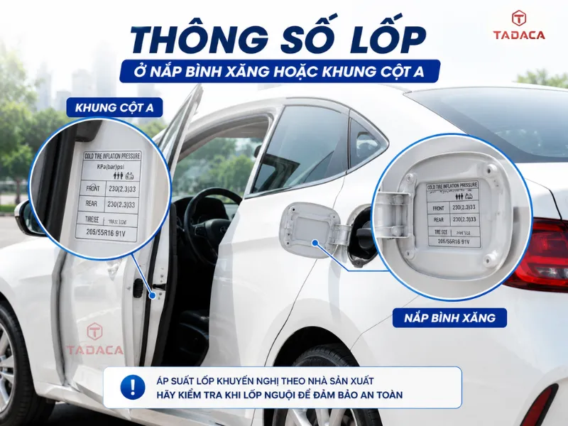 vị trí thông số áp suất lốp ô tô