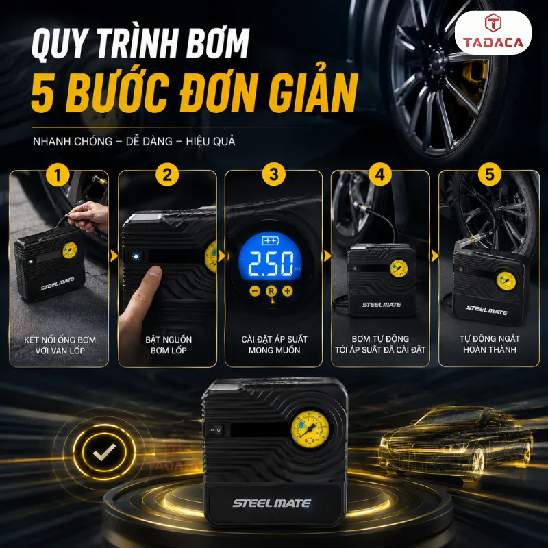 Quy trình sử dụng bơm lốp steelmate T1 chuẩn xác