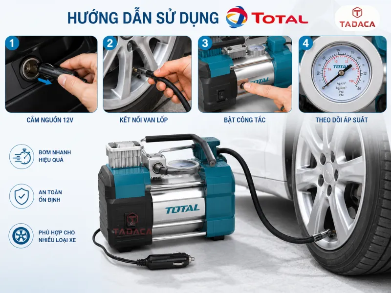 hướng dẫn dùng bơm lốp total an toàn