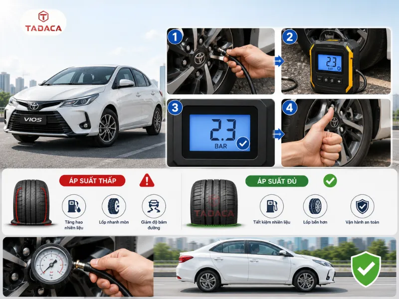 xác định áp suất bơm lốp xe Vios