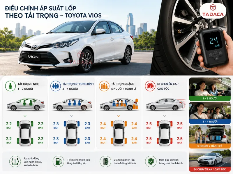 điều chỉnh áp suất lốp xe vios theo từng trường hợp