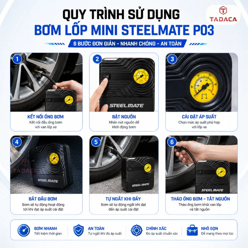 Quy trình sử dụng Bơm lốp Steelmate P03 đúng cách