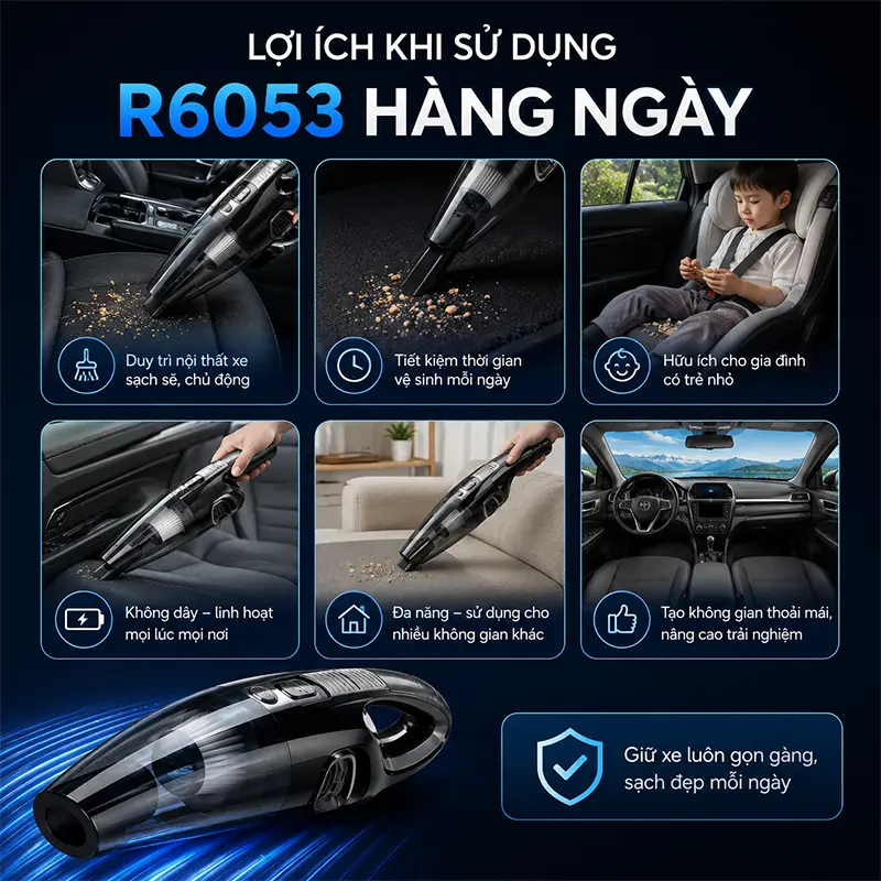 Lợi ích của việc sử dụng máy hút bụi ô tô không dây R6053 trên xế yêu