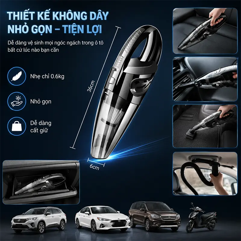 Thiết kế không dây nhỏ gọn, thuận tiện sử dụng trong ô tô