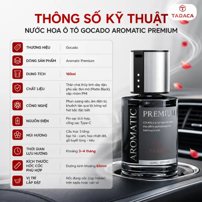 thông số kỹ thuật nước hoa ô tô Gocado Aromatic Premium