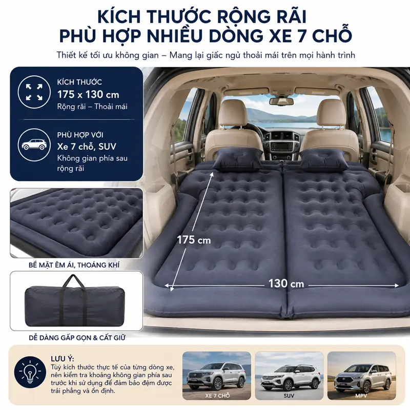 Kích thước rộng rãi, phù hợp nhiều dòng xe 7 chỗ