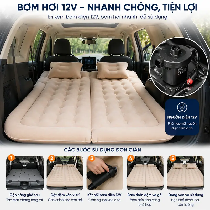 Bơm hơi bằng nguồn điện 12V, thao tác thuận tiện