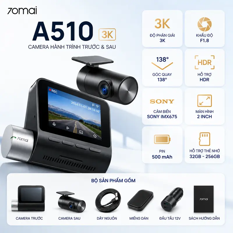 Thông tin sản phẩm camera hành trình 70mai A510 3K cao cấp