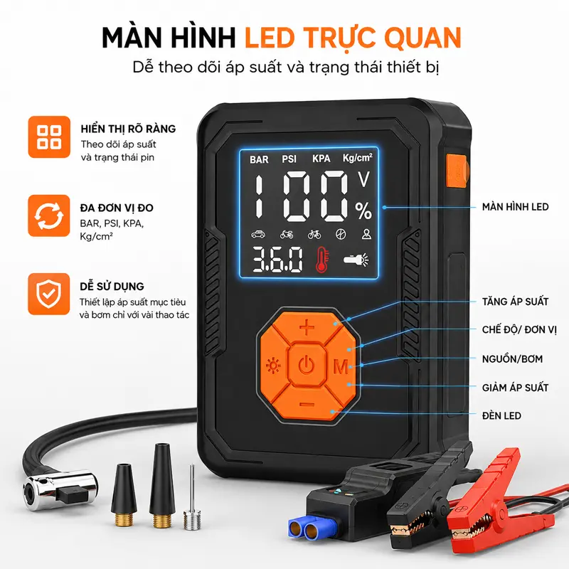 Màn hình LED trực quan, dễ theo dõi áp suất và trạng thái thiết bị