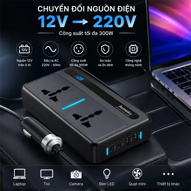 Chuyển đổi nguồn điện 12V sang 220V với công suất tối đa 300W