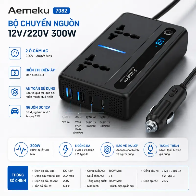 Thông tin và thông số bộ chuyển nguồn Aemeku 12V/220V 300W