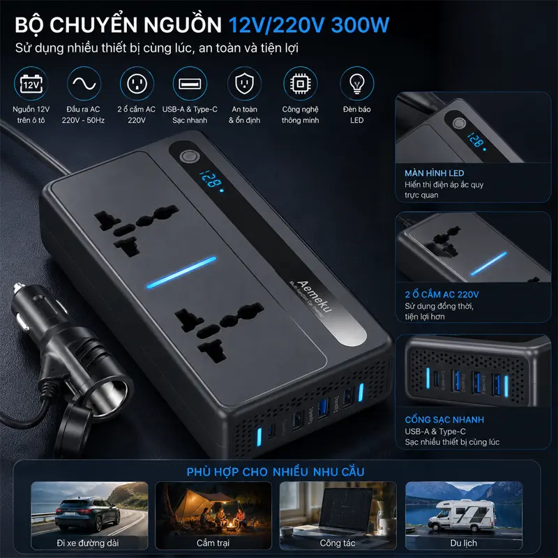 Hai ổ cắm AC 220V đáp ứng nhiều nhu cầu sử dụng điện trên ô tô