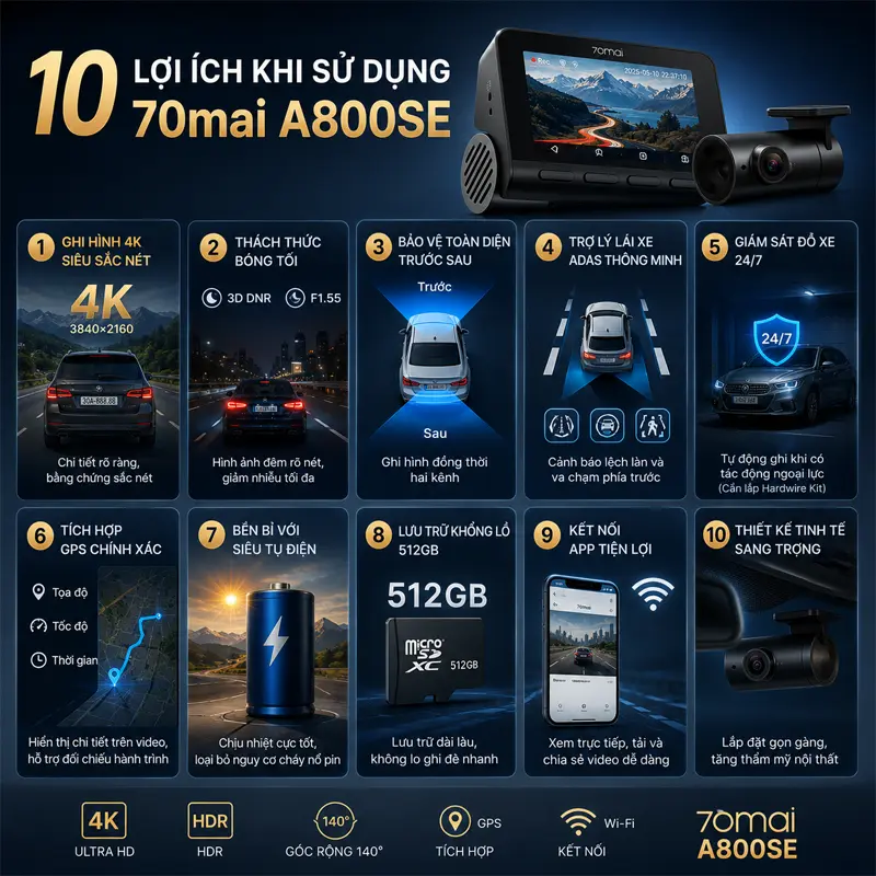 10 lợi ích của việc sử dụng camera hành trình 70mai A800SE