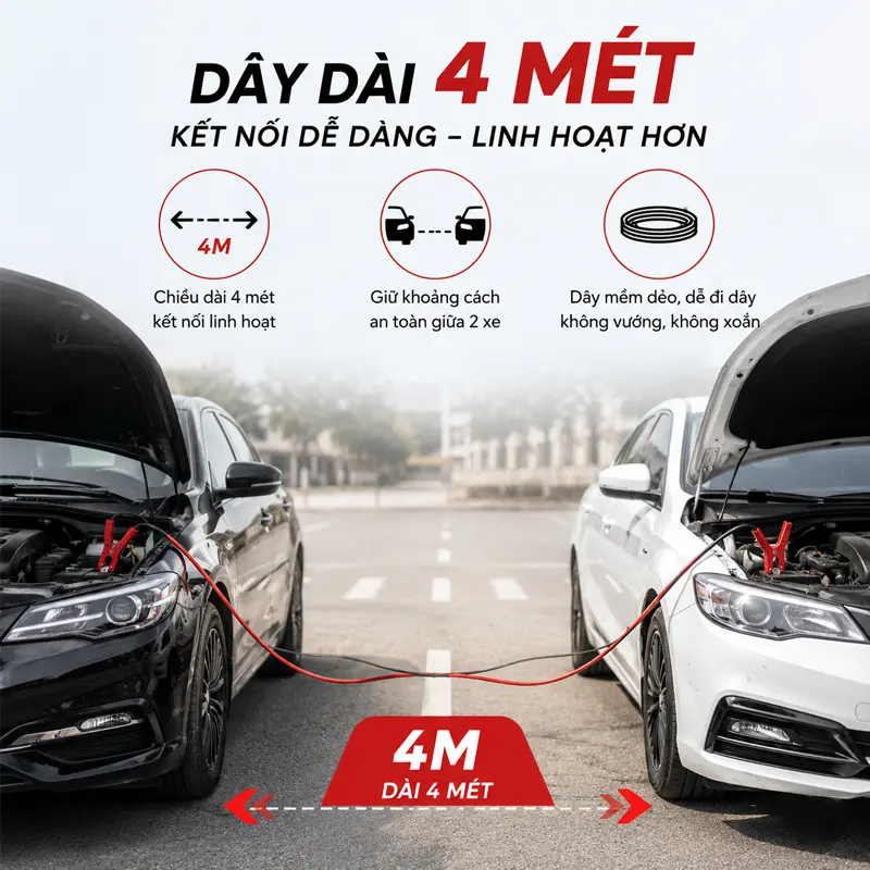 Dây dài 4 mét, thuận tiện kết nối giữa hai xe