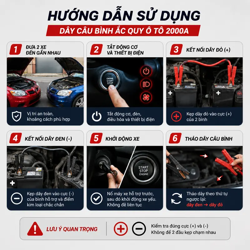 Hướng dẫn sử dụng dây câu bình ắc quy ô tô 2000A