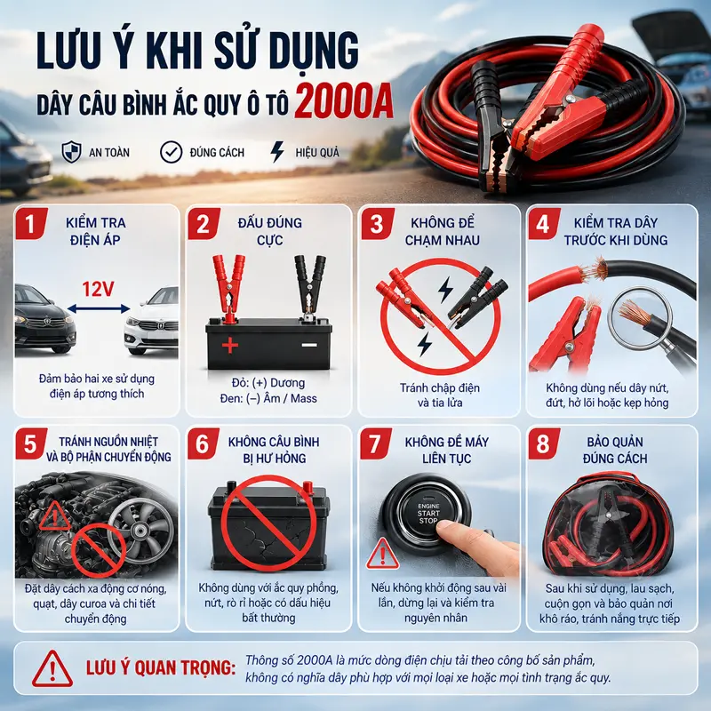 Những lưu ý khi sử dụng dây câu bình ắc quy ô tô 2000A