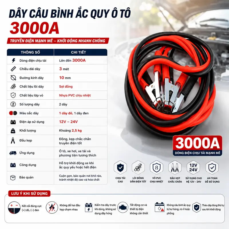 Thông tin sản phẩm dây câu bình ắc quy ô tô 3000A chính hãng