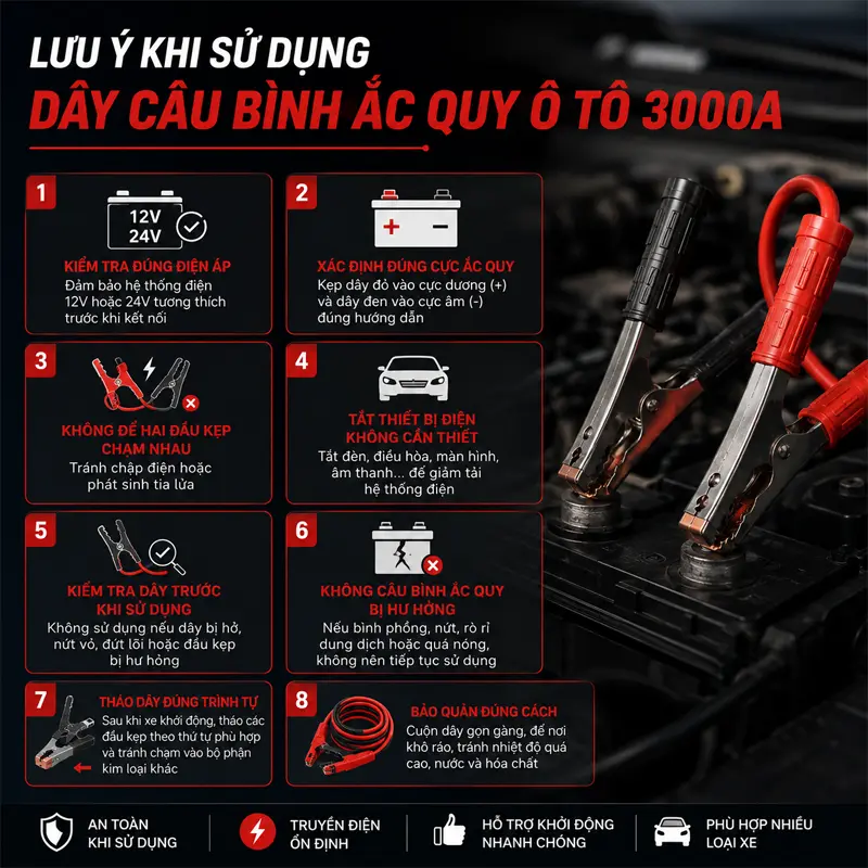 Lưu ý khi sử dụng dây câu bình ắc quy ô tô 3000A