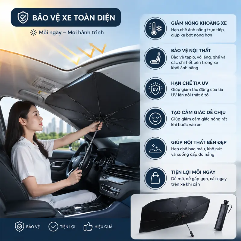Lợi ích khi sử dụng dù che kính lái Ô Tô hằng ngày