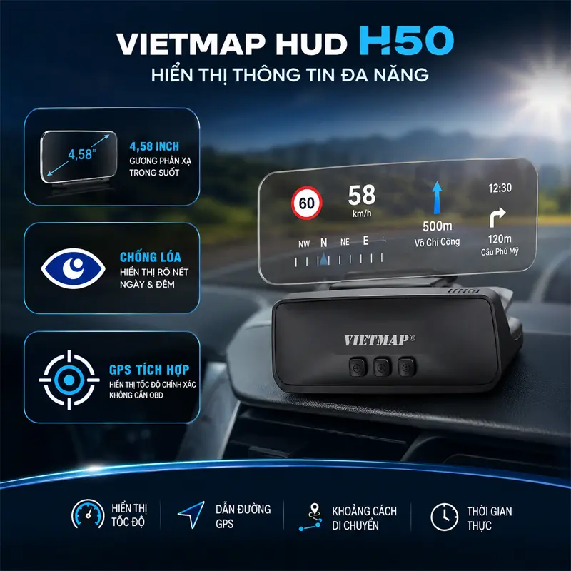 Đặc điểm nổi bật của màn hình Vietmap HUD H50 hiển thị thông tin đa năng