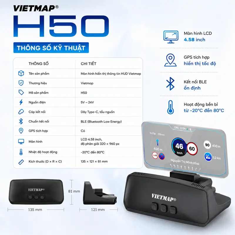 Thông tin sản phẩm màn hình Vietmap HUD H50