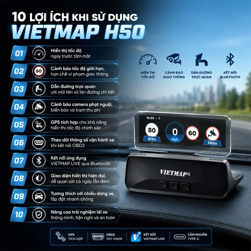 10 lợi ích khi sử dụng màn hình hiển thị thông tin HUD Vietmap H50