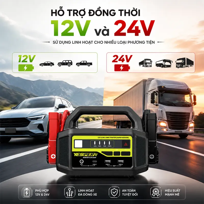 Hỗ trợ đồng thời 12V và 24V – sử dụng linh hoạt cho nhiều loại phương tiện 