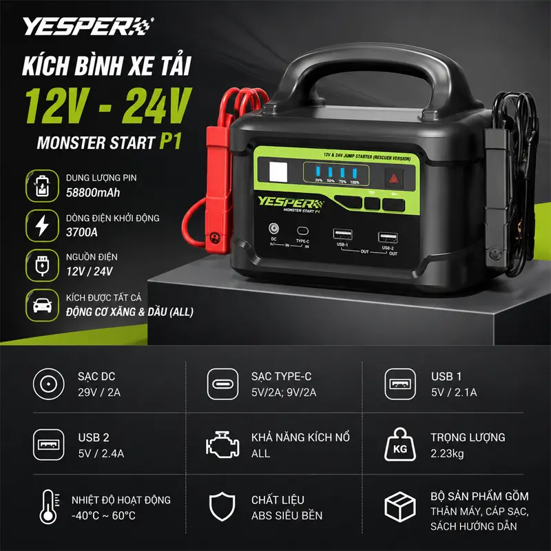 Thông tin sản phẩm kích bình xe tải 12V-24V P1 Yesper 3700A