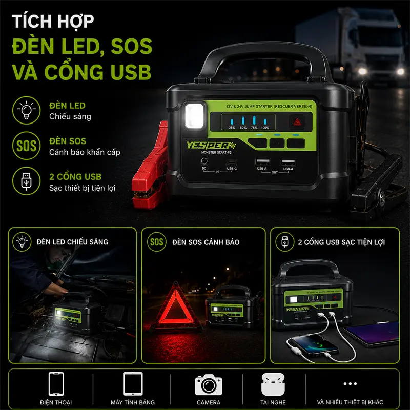 Tích hợp đèn LED, SOS và cổng USB 