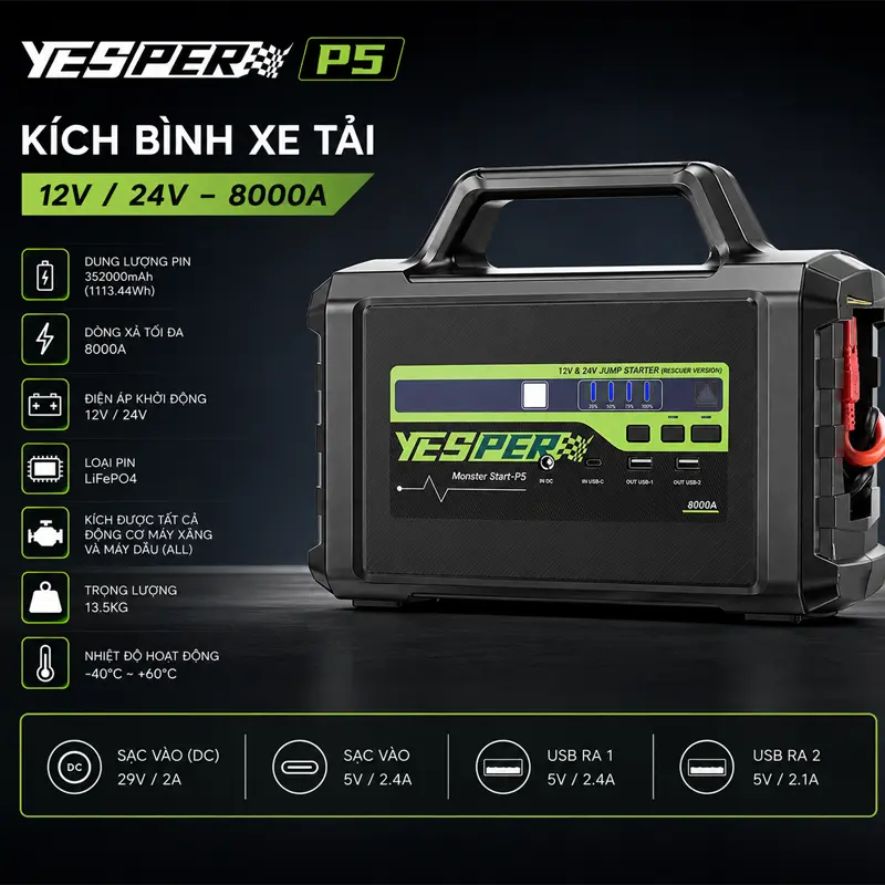 Thông tin sản phẩm kích bình xe tải Yesper P5 12V-24V