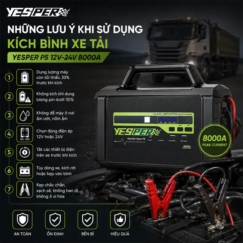 Những lưu ý khi sử dụng bộ kích bình xe tải Yesper P5 12V-24V 8000A