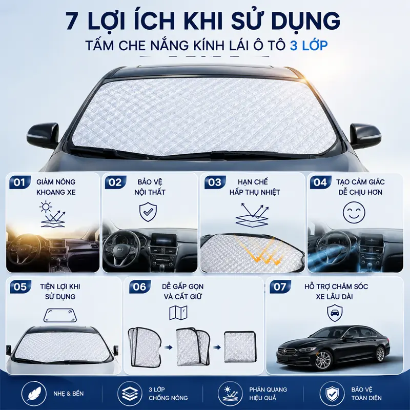 Lợi ích khi sử dụng tấm che nắng kính lái ô tô 3 Lớp hàng ngày