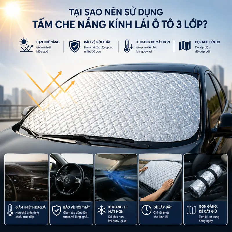 Tại sao nên sử dụng tấm che nắng kính lái ô tô 3 Lớp?