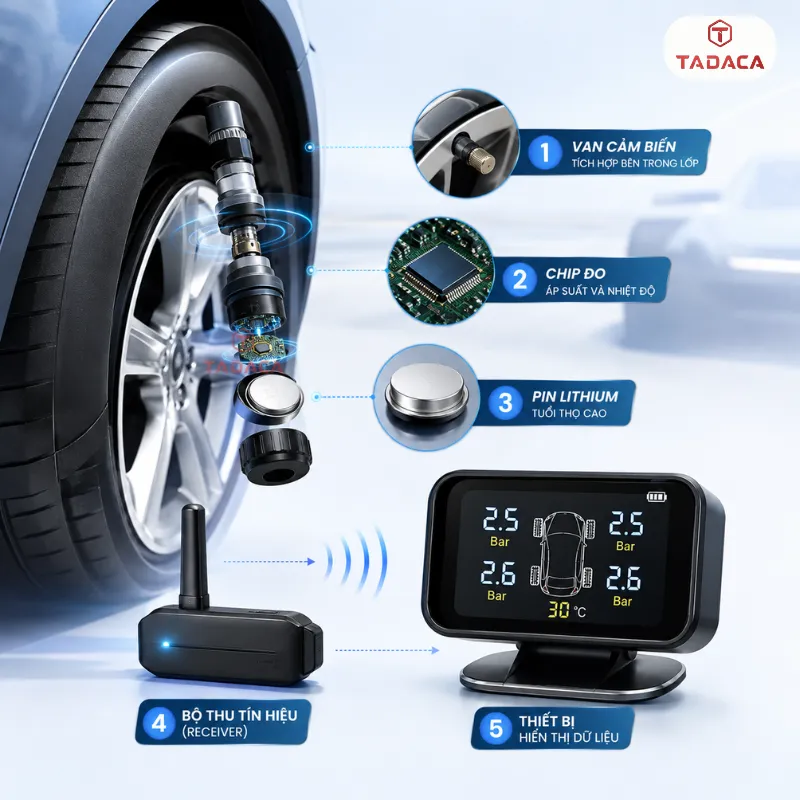 Cấu tạo chi tiết bộ cảm biến áp suất lốp van trong