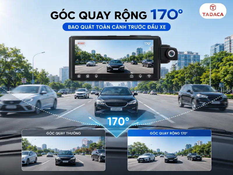 Góc quay rộng 170 độ bao quát toàn cảnh trước đầu xe