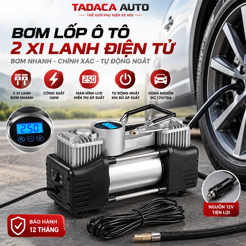 Bơm lốp ô tô 2 xi lanh điện tử