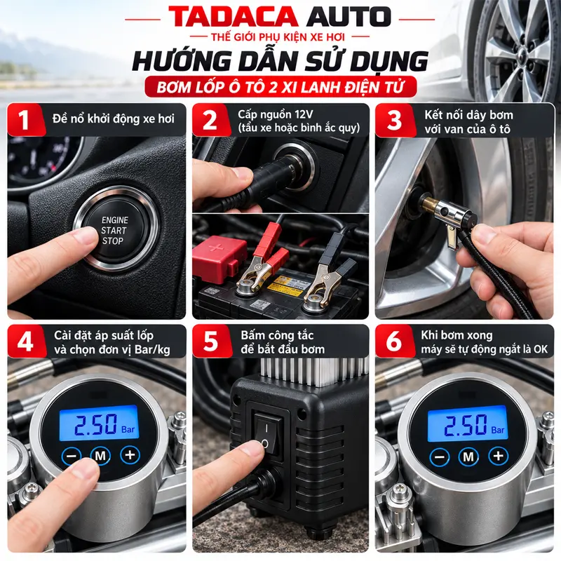 Hướng dẫn sử dụng bơm lốp ô tô 2 xi lanh điện tử