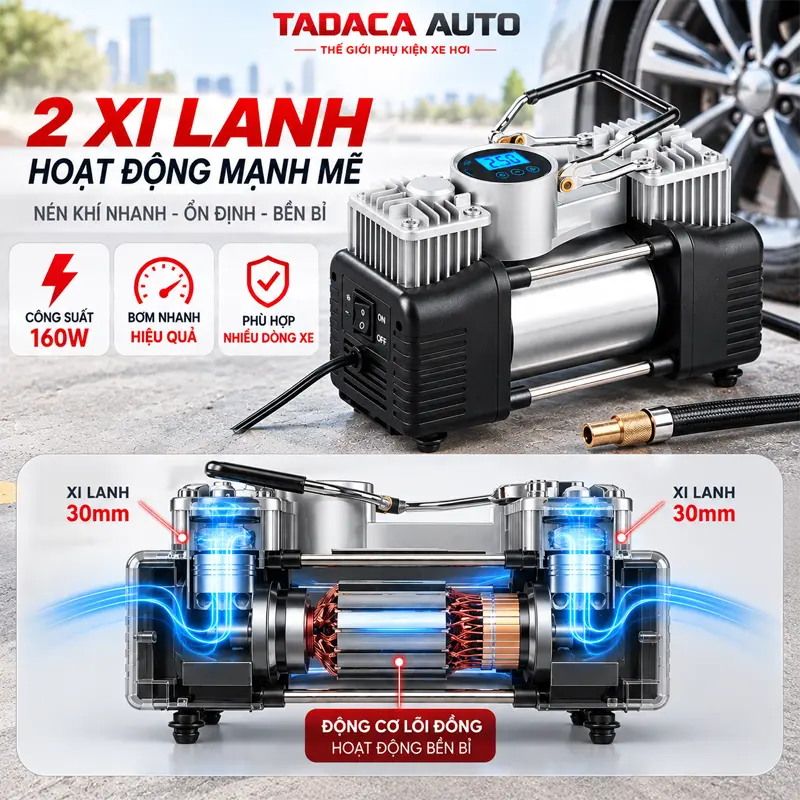 Thiết kế 2 xi lanh hoạt động mạnh mẽ, công suất lên đến 160W