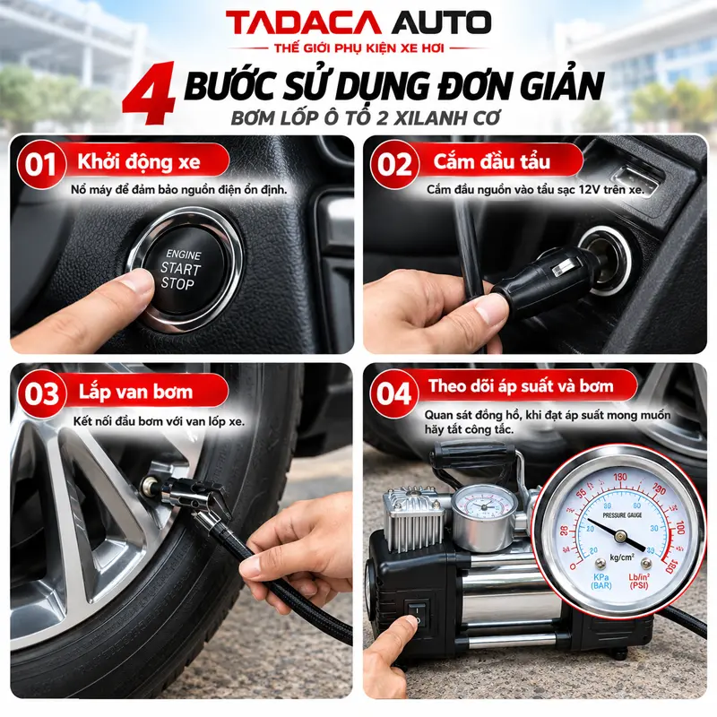 Hướng dẫn sử dụng bơm lốp ô tô 2 xi lanh cơ