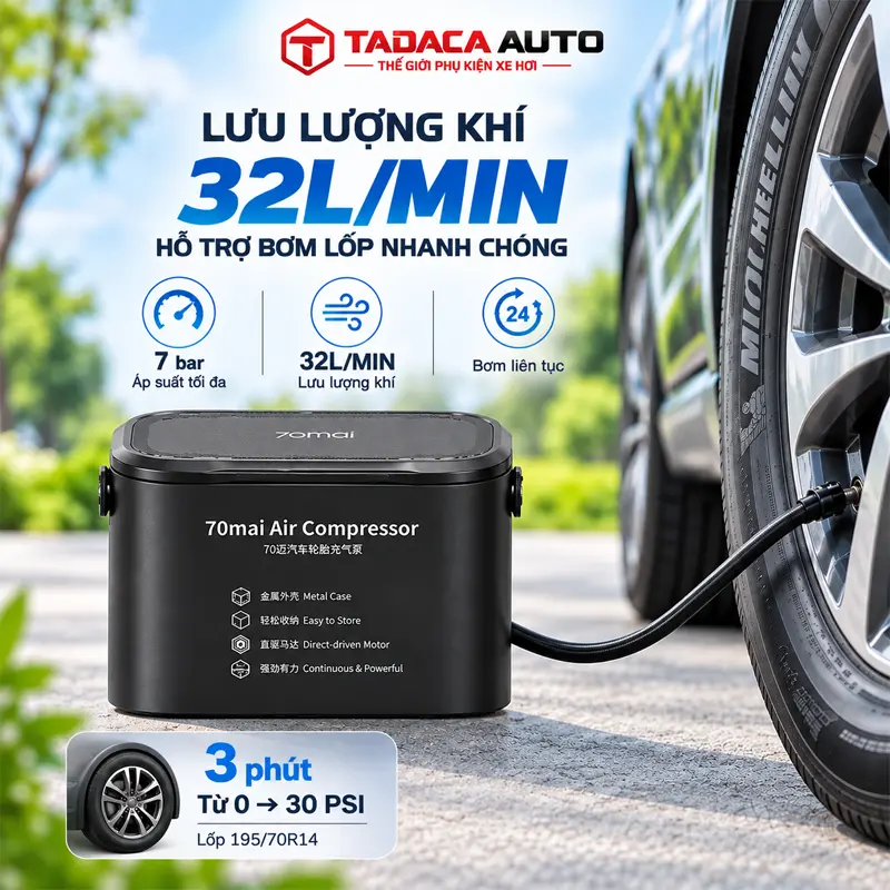 Lưu lượng khí 32L/phút, hỗ trợ bơm lốp nhanh chóng