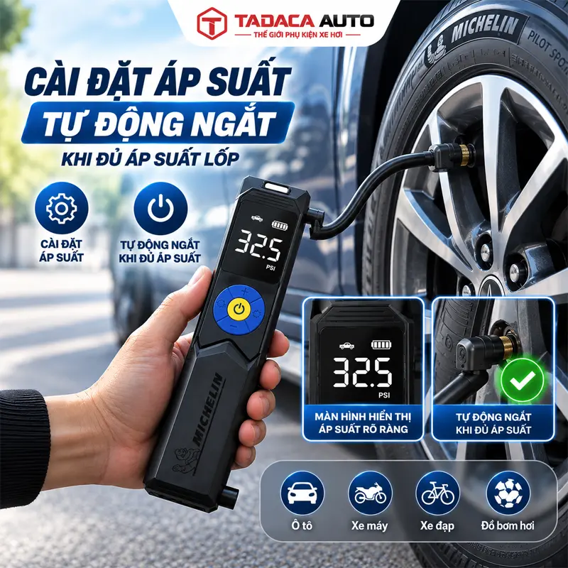Cài đặt áp suất và tự động ngắt khi đủ áp suất lốp