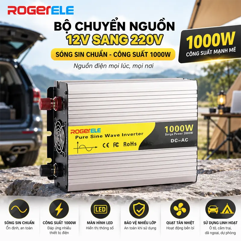 Bộ chuyển nguồn 12V sang 220V Rogerele 1000W sóng sin