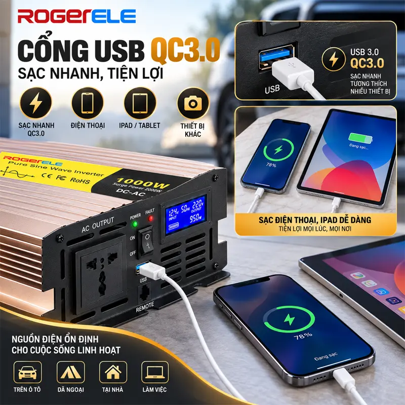 Thiết kế thực dụng, có USB QC3.0 và dây kết nối chắc chắn  
