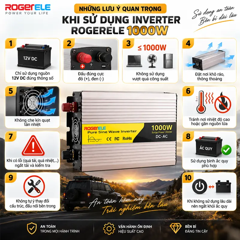 Những lưu ý quan trọng khi sử dụng inverter Rogerele 1000W  