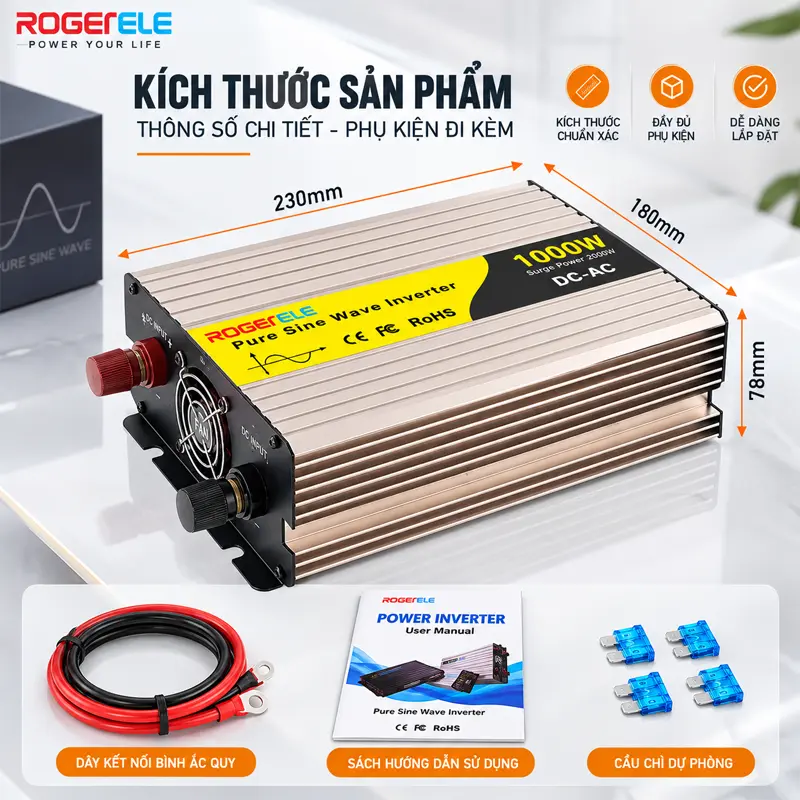 Thông tin sản phẩm bộ chuyển nguồn 12V sang 220V Rogerele 1000W sóng sin  