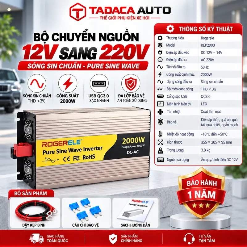 Thông tin sản phẩm chuyển nguồn 12V sang 220V Rogerele 2000W sóng sin